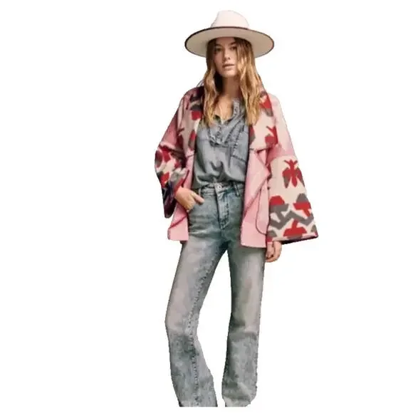 Anthropologie Heidi Kimono Jacket Easy Fit Pockets Pink Ivory Wine Size M # 1096 - Picture 3 of 16